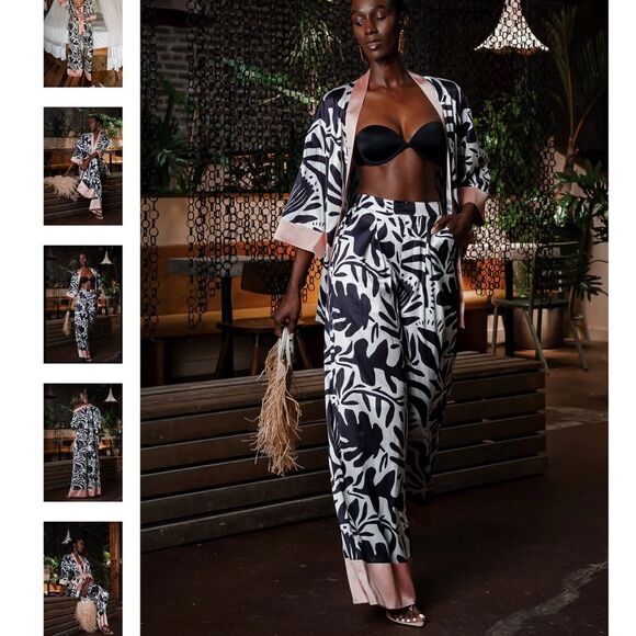 By Egreis Kiana Set Tropical Pink Feather Trim Robe Pajama Set - Picture 15 of 16